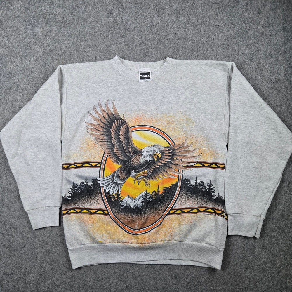 Vintage Eagle Sweatshirt Mens XL Grey Nature Graphic Sunrise Sportswear 90s AOP